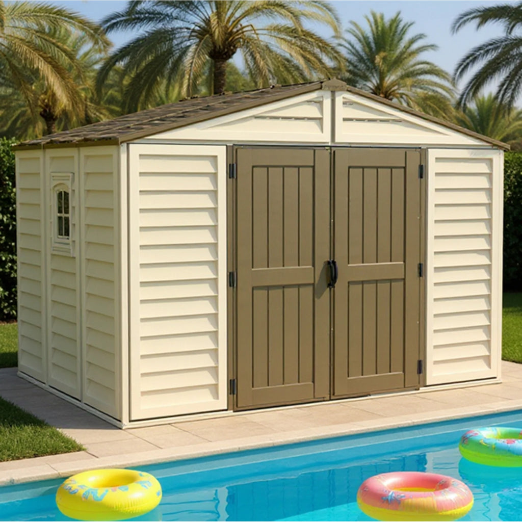 KyMax 10.5 ft x 8ft Woodbridge Plus Plastic Vinyl Shed w/ Foundation Kit & Window 40214