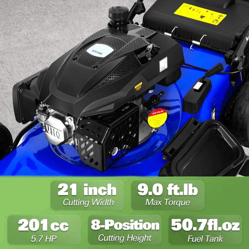 Hykolity Self Propelled Lawn Mower 21" 201cc Gas Push Lawnmower with 8-Position Height Adjustment 3-in-1 Side Discharge Walk Behind Grass Cutting