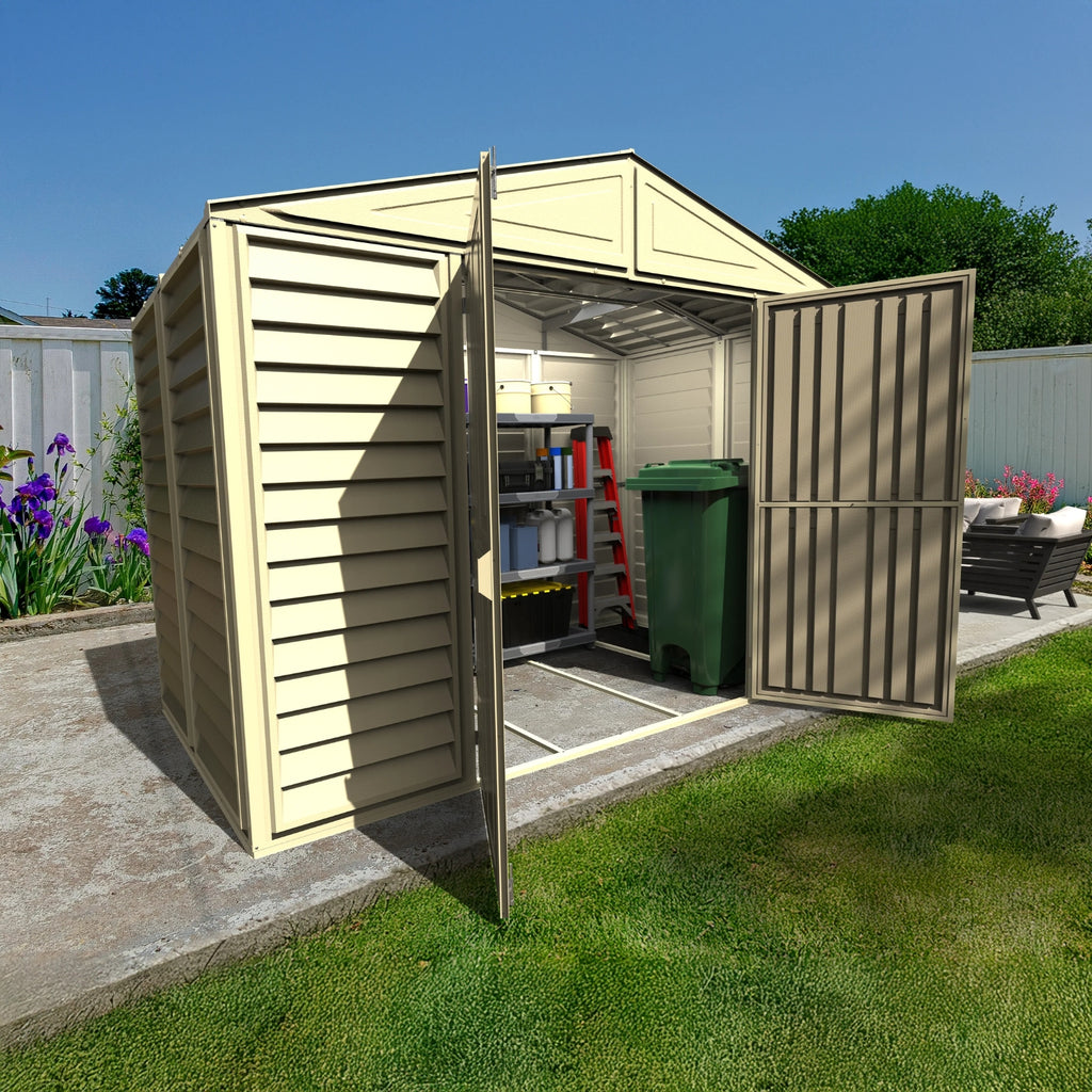 KyMax 10.5ft x 5ft Woodbridge Plastic Vinyl Shed with Foundation Kit 00283