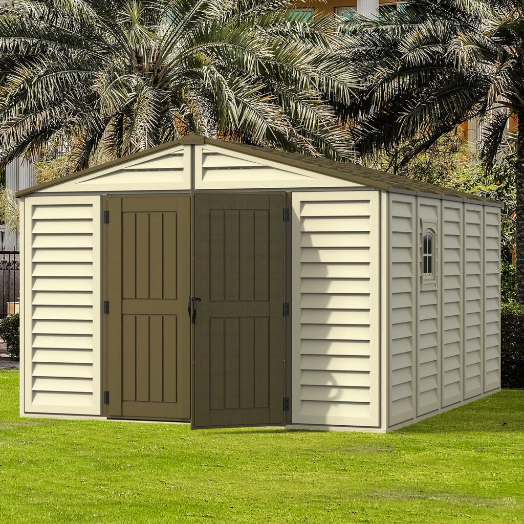KyMax 10.5 ft x 8ft Woodbridge Plus Plastic Vinyl Shed w/ Foundation Kit & Window 40214