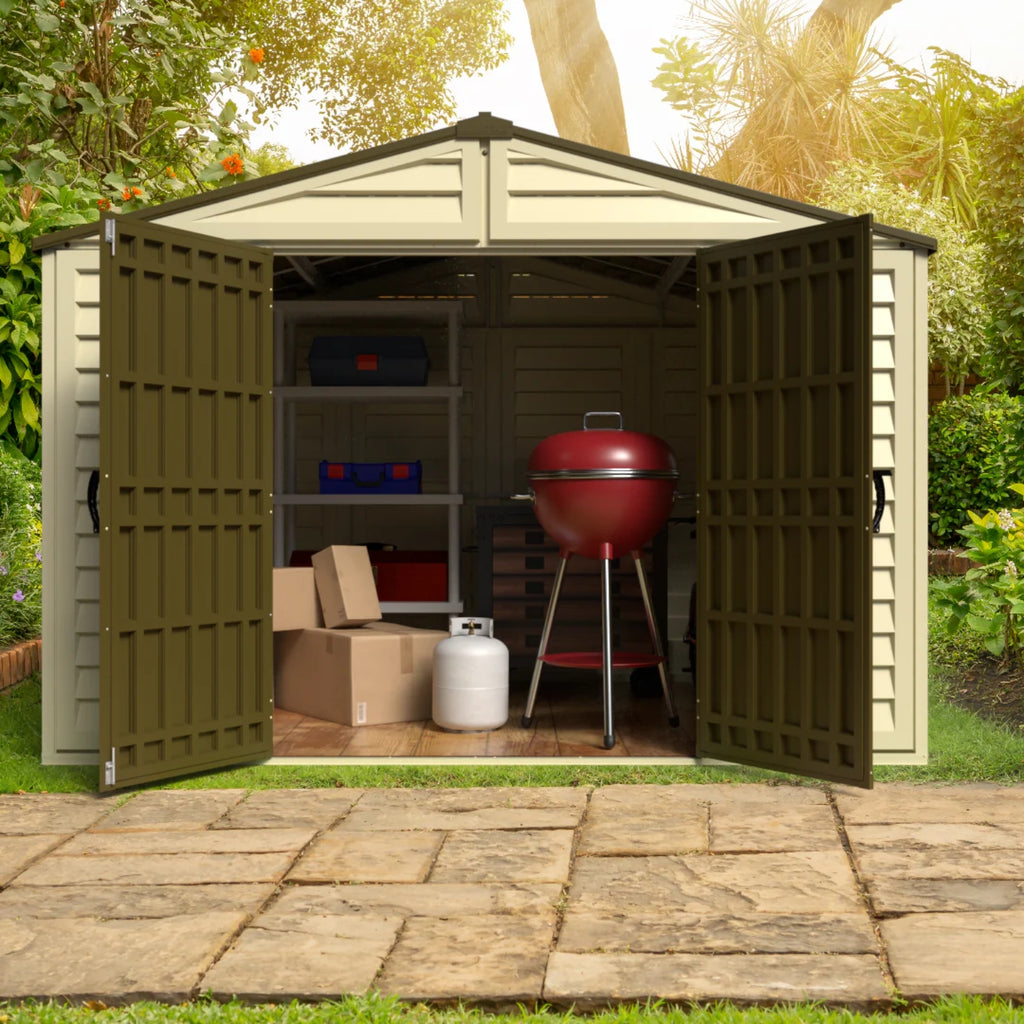 KyMax 10.5 ft x 8ft Woodbridge Plus Plastic Vinyl Shed w/ Foundation Kit & Window 40214