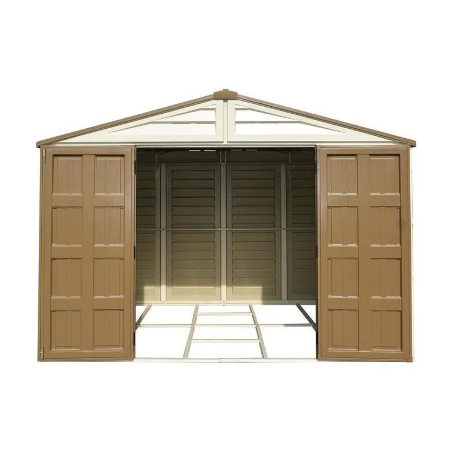KyMax 10.5 ft x 8ft Woodbridge Plus Plastic Vinyl Shed w/ Foundation Kit & Window 40214