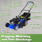 Hykolity Self Propelled Lawn Mower 21" 201cc Gas Push Lawnmower with 8-Position Height Adjustment 3-in-1 Side Discharge Walk Behind Grass Cutting